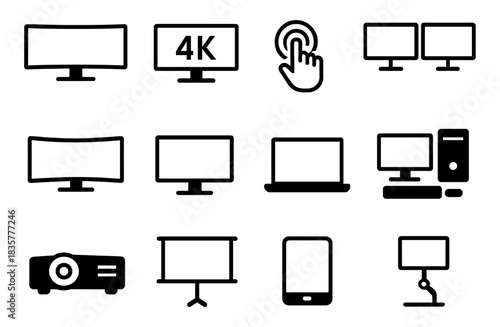 Monitors and display devices solid icons set with ultrawide screen, 4K monitor, laptop, projector, tablet and stand