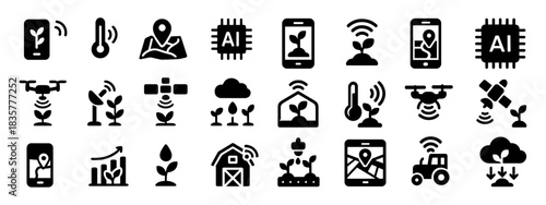 Precision agriculture solid icons set with smartphone, drones, satellite, sensors, charts and smart barn for digital farming