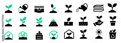 Seedling and gardening icons set with sprouts, watering can, compost, greenhouse, sun and eco recycling pot