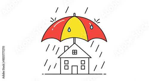 Stylized home beneath a protective umbrella during rainfall symbolizing insurance services and