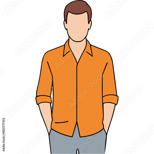 Man in Casual Orange Button Down Shirt and Gray Pants Standing with Hands in Pockets Against Black Background