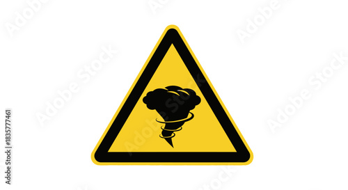 Yellow and black triangular warning sign displaying a swirling storm icon symbol