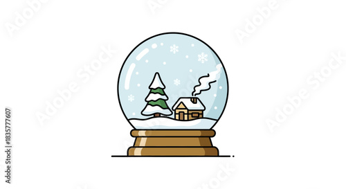 Enchanting winter scene captured inside a snow globe, a cozy cottage nestled amidst snow-laden