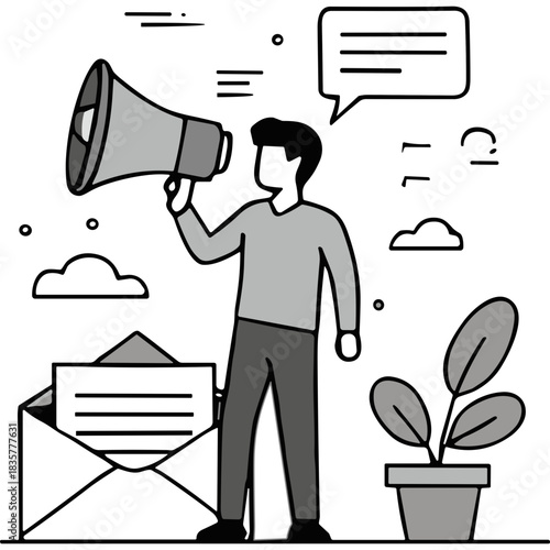 Man Holding Megaphone Announcing Information With Mail Envelope Plant And Chat Bubble Graphic Elements On Dark Background