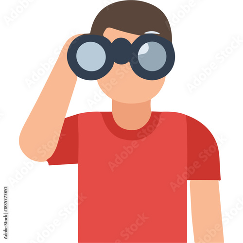 Man in red T-shirt looking through black binoculars against a plain background exploring observing searching discovering and seeking opportunity with curious expression