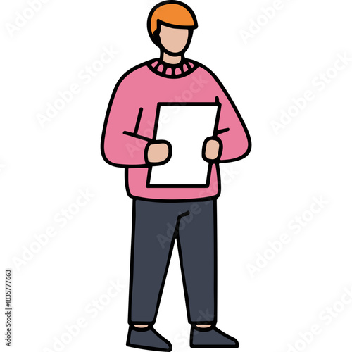 Man in Pink Sweater Holding White Paper Document Standing Isolated on Black Background Casual Clothing Flat Illustration