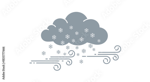 Stylized illustration showcasing a blustery winter weather scene with snowflakes and wind