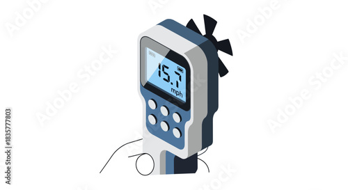 Isometric wind speed meter displaying 15.7 mph for weather analysis and data collection illustration