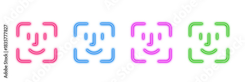 Neon glowing face ID vector icons set, facial recognition, biometric scan, security, authentication, identity, futuristic digital vibrant technology design.
