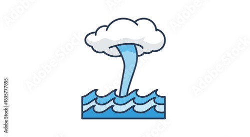 Stylized waterspout illustration connecting a fluffy cloud with ocean waves scene