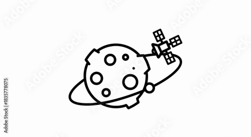 Minimalist Line Art Depiction of an Exoplanet Orbiting with Satellite Exploration