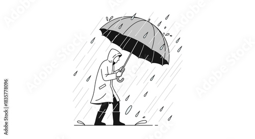 Monochrome rendition of an individual sheltered beneath umbrella during rainfall downpour depiction