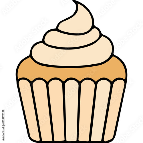 Simple cartoon illustration of a vanilla cupcake with creamy frosting on a plain background perfect for baking and dessert themes