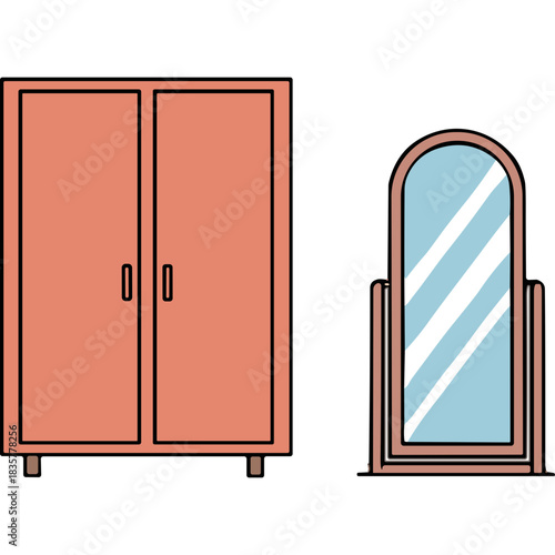 Simple cartoon illustration of a coral colored wardrobe next to a tall standing mirror reflecting a light blue sky on a black background
