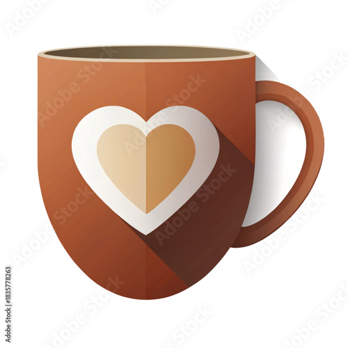Warm brown coffee mug with a stylized heart design and long shadow on a white background