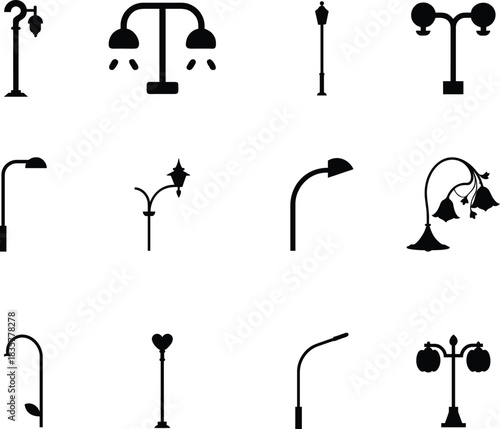 Vector silhouettes set of street lamps, people, and music equipment design illustration