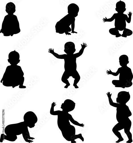 Baby Set of baby and toddler silhouette isolated on white background. Sitting, crawling and standing. Vector illustration001.eps
