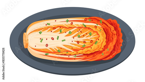 Vibrant layers of fermented Napa cabbage, coated in fiery orange-red chili paste and garnished with chopped green scallions, sit appetizingly upon a sleek, dark slate-colored oval serving platter