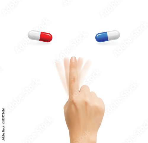 Vector illustration of red and blue pills. Choice between truth and illusion concept. Medical drugs or vitamins options. Decision making symbol isolated on white background.