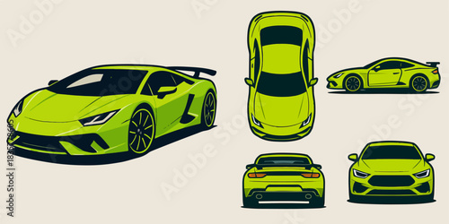 Lime Green Sports Car Set with Multiple Views Illustration