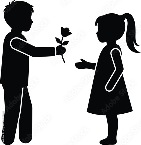 Boy giving rose to girl silhouette romantic gesture love childhood friendship sweetheart vector