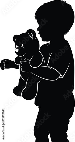 Silhouette of a small child holding a teddy bear toy with innocent affection and playful curiosity vector
