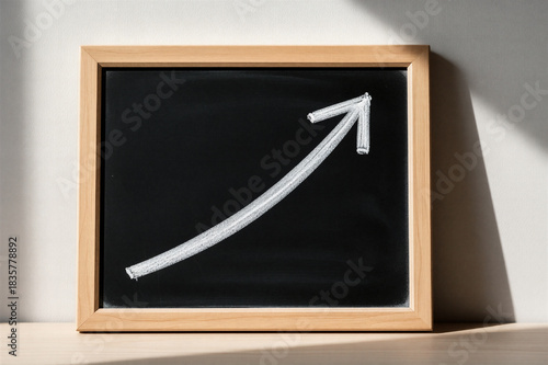 Chalkboard with rising arrow graph, ideal for growth, success and business strategy visuals.