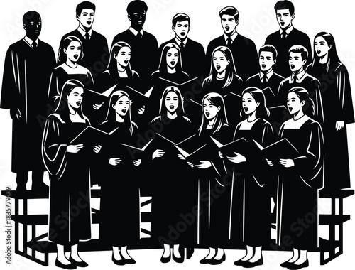 Diverse choir singers performing together in formal attire with music sheets diverse group vector
