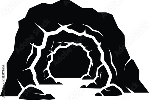 Mysterious dark cave entrance silhouette symbol abstract natural geological formation discovery adventure exploration entrance opening vector