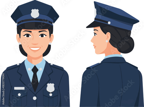 Female Police Officer Character In Blue Uniform Front And Side View
