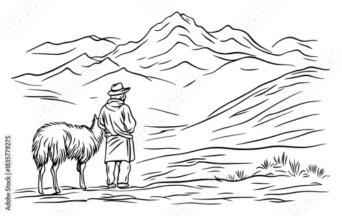 Man shepherd standing with llama looking at mountains nature vector sketch