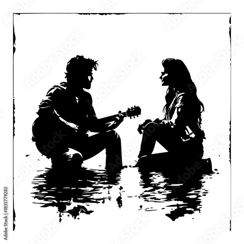 Romantic couple sitting in water playing guitar silhouette vector illustration