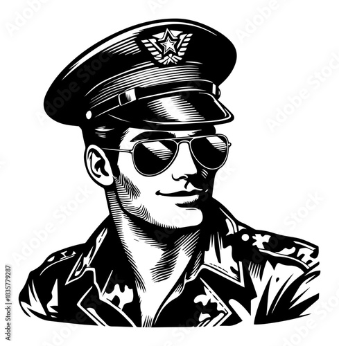 Handsome retro pilot or soldier man in uniform with sunglasses vector portrait