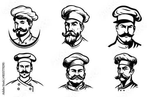 Set of bearded restaurant chef head portraits mascot vector illustration collection