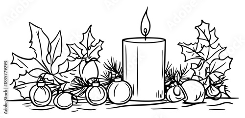 Christmas candle decoration with holly leaves and baubles vector sketch