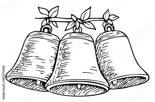 Christmas jingle bells hanging with leaves hand drawn vector sketch