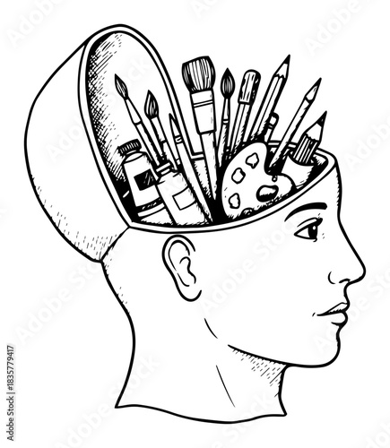 Open human head filled with art supplies creativity concept vector illustration