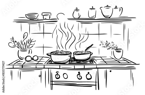 Hand drawn cozy kitchen interior with cooking pots on stove vector sketch