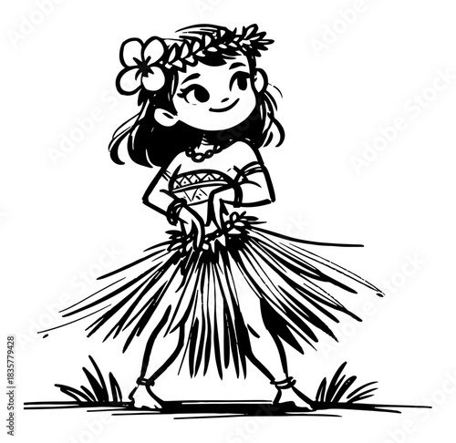 Cute cartoon Hawaiian hula girl dancer in grass skirt vector sketch
