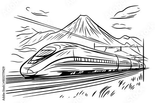 High speed bullet train Shinkansen passing Mount Fuji Japan vector sketch