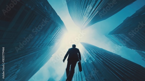 高層ビルの狭間を歩くビジネスマン ― 未来へ向かう挑戦者