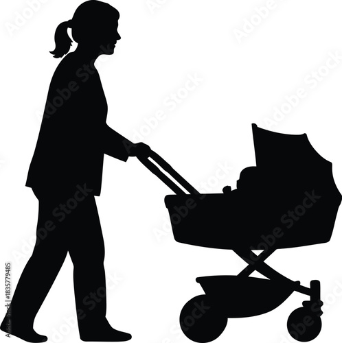 Silhouette of mother pushing baby stroller exploring outdoors family lifestyle parent child care new life journey vector