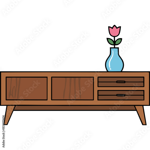 Simple Mid Century Modern Wood Sideboard With Light Blue Vase Holding a Pink Flower Against a Black Background Clean Lines Minimalist Style