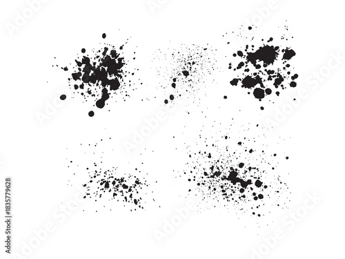Black ink splatter stain and spray splash vector isolated on transparent background in urban graffiti style with drops, drips, and grunge texture effect illustration.