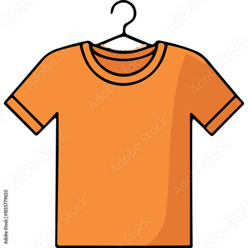 Simple Orange T Shirt With Black Trim Hanging On A Hanger Clean Minimalist Design Isolated On Black Background