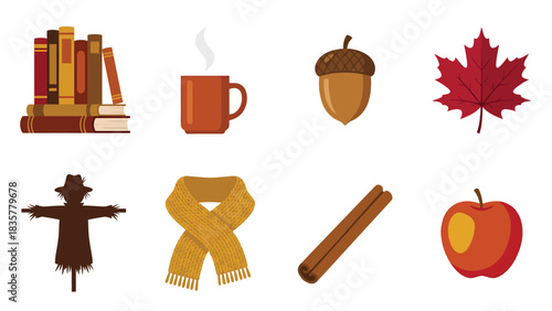 Autumn Icons Set: Cozy Season, Books, Tea, and Harvest