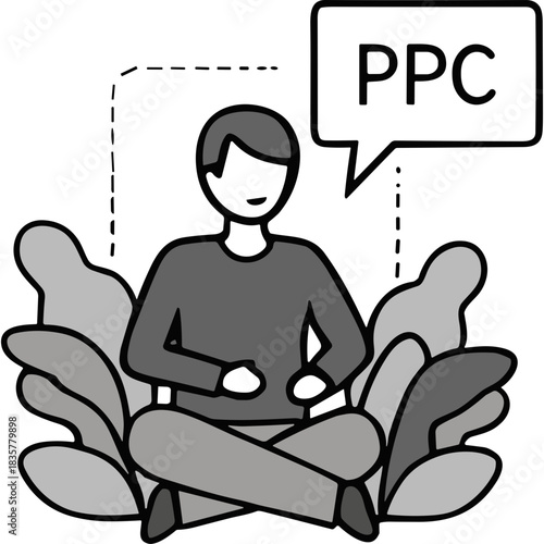 Man Meditating Among Plants With PPC Text In Speech Bubble Conceptual Illustration Of Pay Per Click Advertising Strategy And Digital Marketing