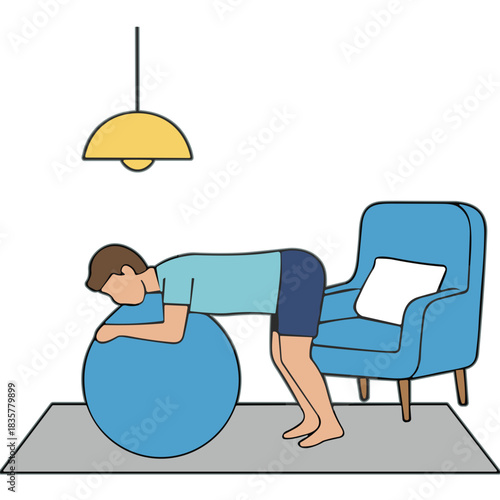 Man Lying Face Down on a Blue Exercise Ball In Forward Fold Position with Arms Resting on Ball and Legs Bent in a Living Room with Blue Armchair and Pendant Lamp Overhead