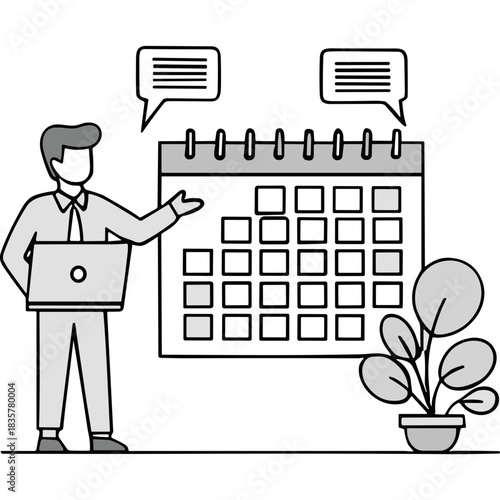 Man In Suit Standing Next To Large Calendar Holding Laptop Presenting Information With Speech Bubbles Above Calendar And Plant In Pot To The Right
