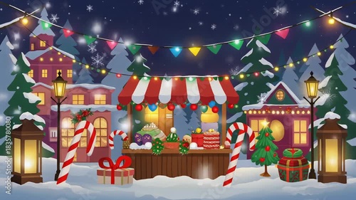 Cartoon style Christmas market with cheerful decorations